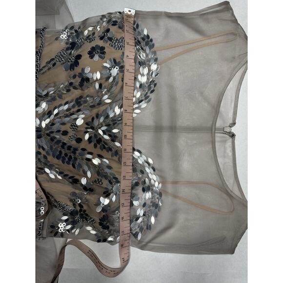 Mignon for Neiman Marcus Embellished Cocktail Dress Silver Sequin Sheer Overlay - Picture 9 of 14